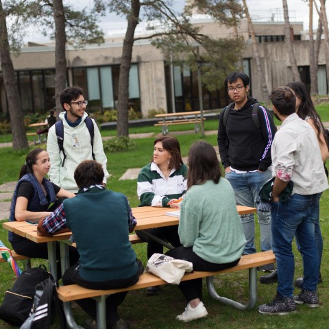 A group of students sitting at a picnic table outside of Lady Eaton College.