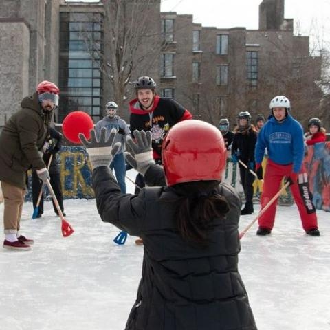 Students playing broomball