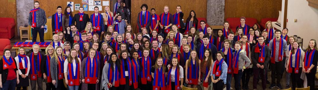 A large group of Champlain students in scarves