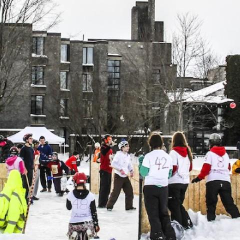 Students playing broomball
