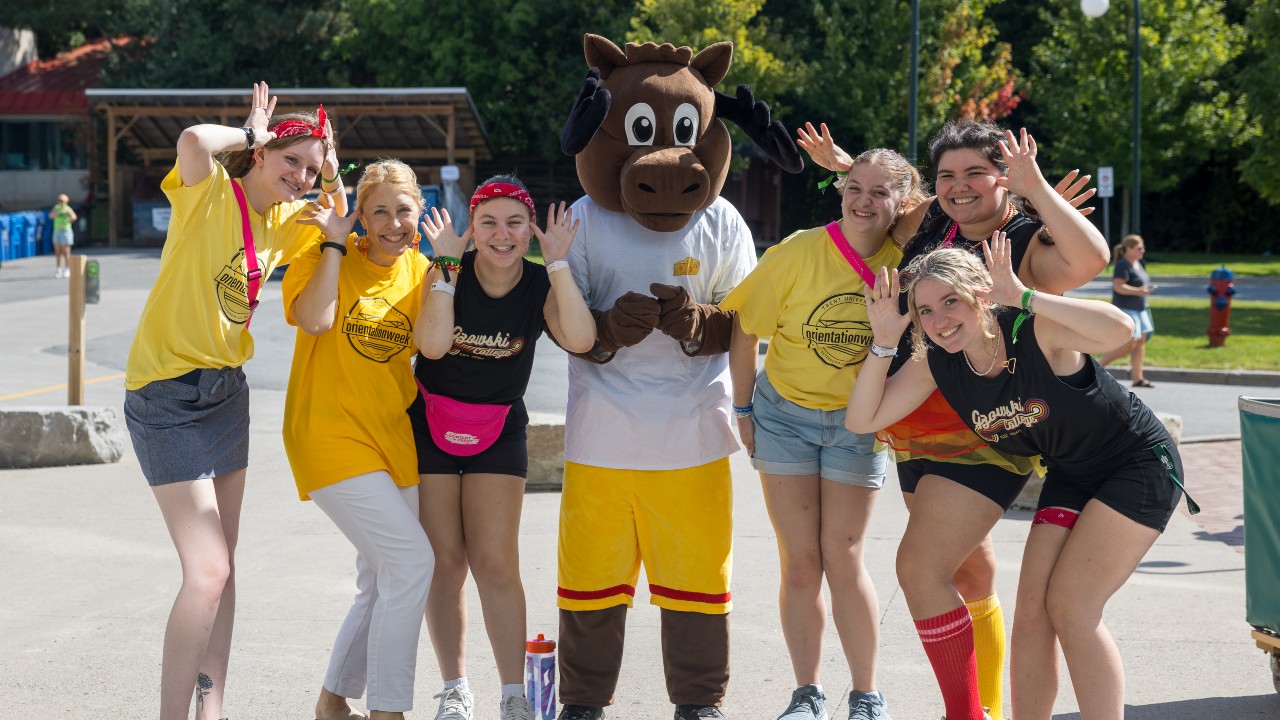 Principal Melanie Buddle with the Gzowski mascot and students