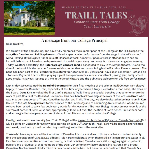 A screen capture of a Traill Newsletter
