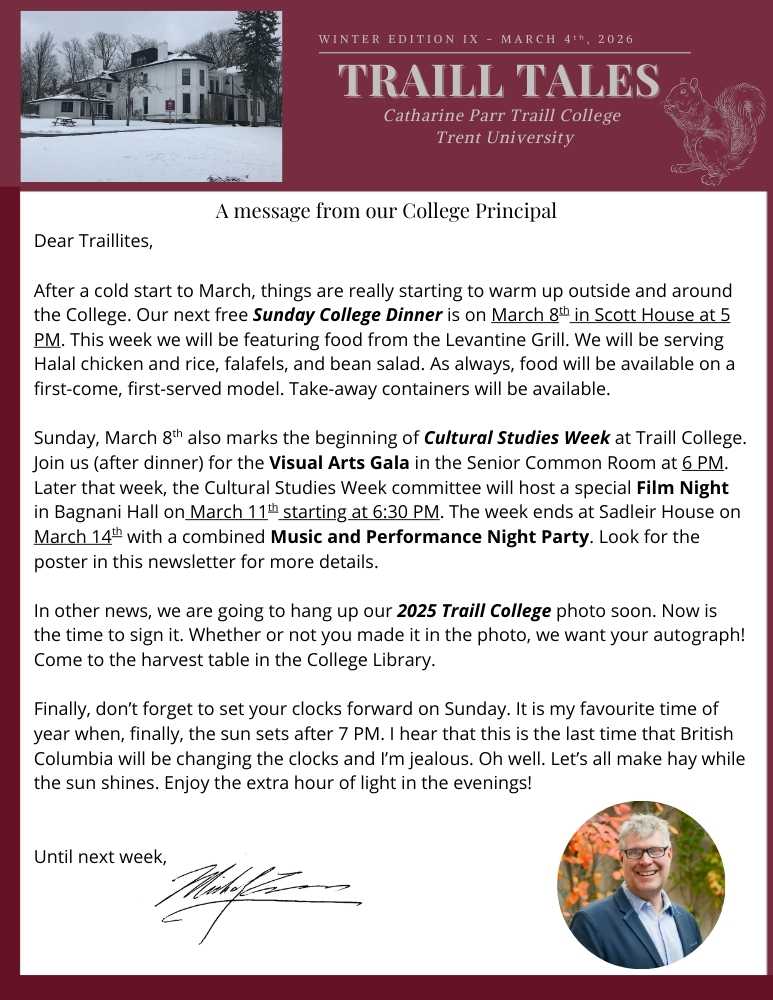 Traill Tales Newsletter March 4th, front page with Message from Michael Eamon