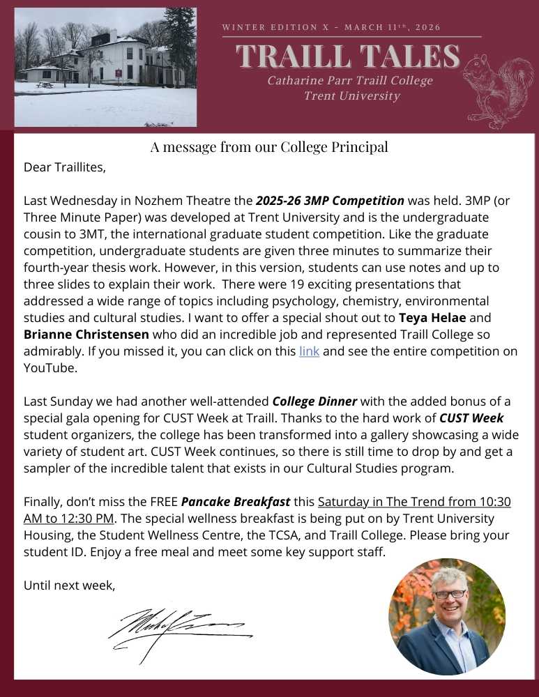 Traill Tales Newsletter front page containing Michael Eamons message