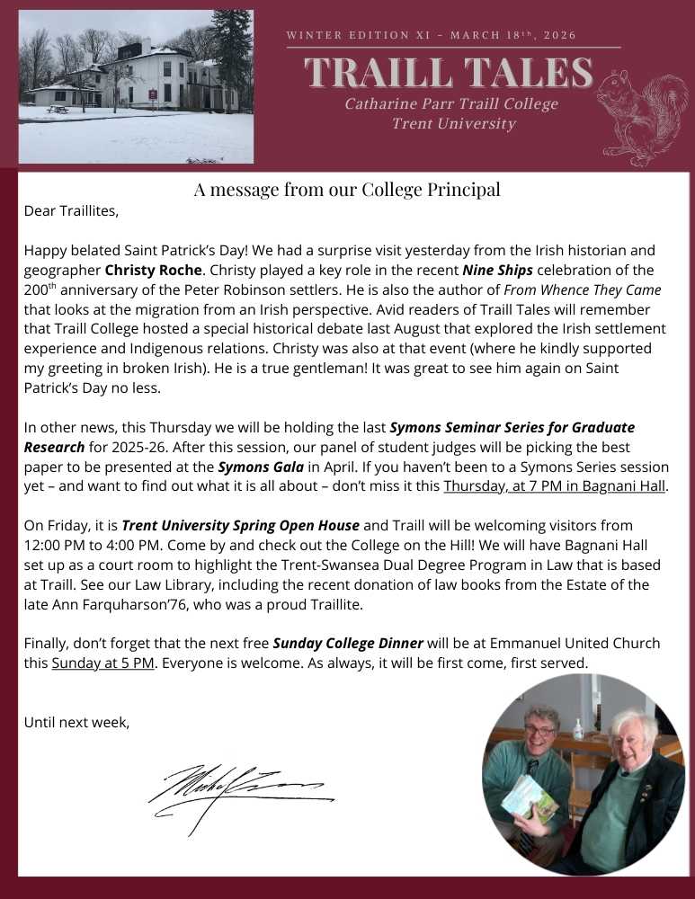 first page of the traill tales newsletter for march 18th with message from college principal Michael Eamon