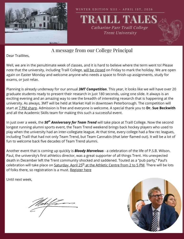 first page of the traill tales newsletter for april 1st 2026 with principal michael eamon's message attached