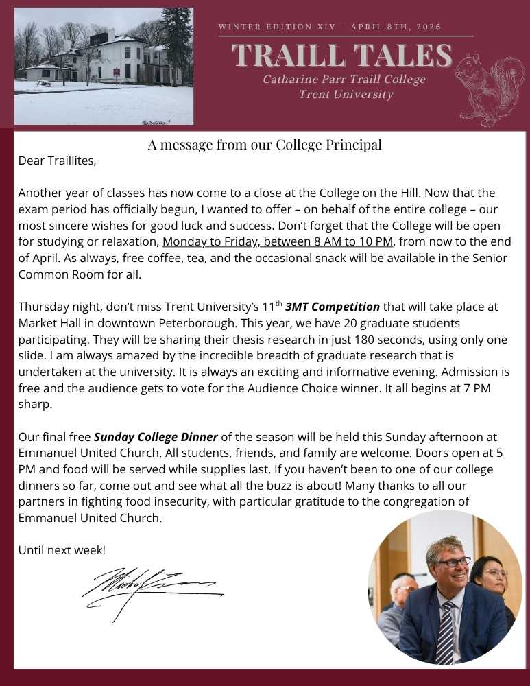 first page of traill tales newsletter for april 8th 2026 with principal michael eamons message on it