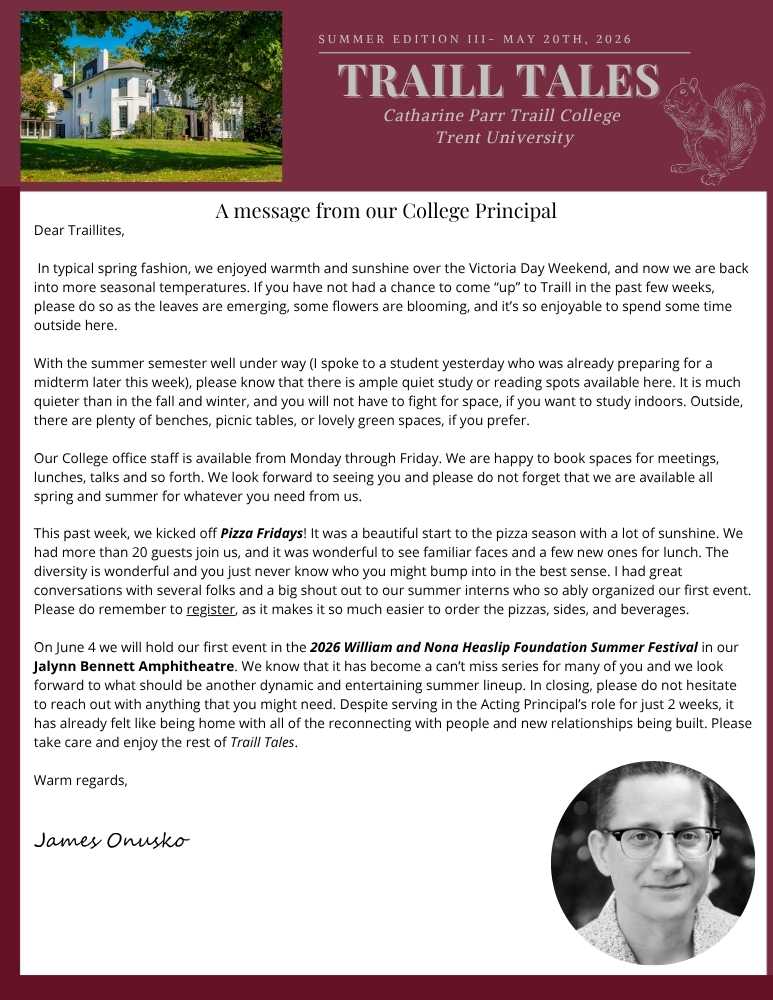The first page of the Traill tales newsletter, witha written message from James Onusko.