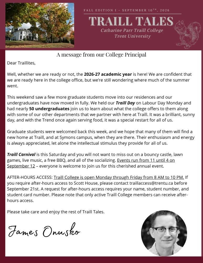The first page of Traill Tales. A message from the College Principal.