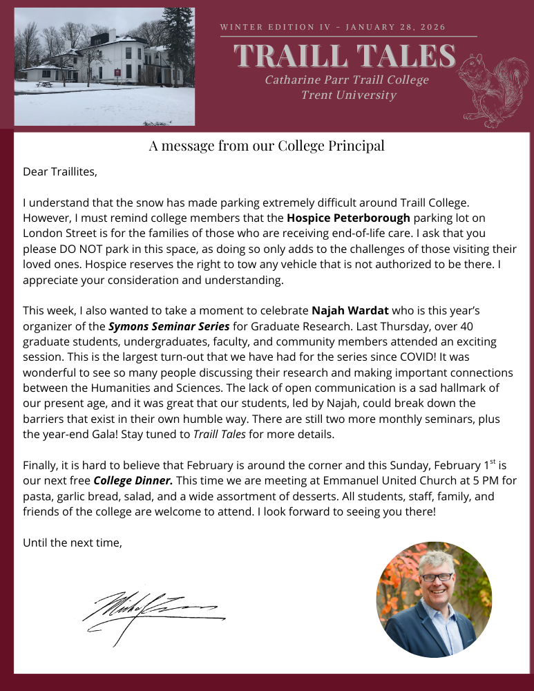 the first page of the Traill Tales newsletter for january 28th 2026