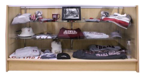 A display case of Traill merchandise