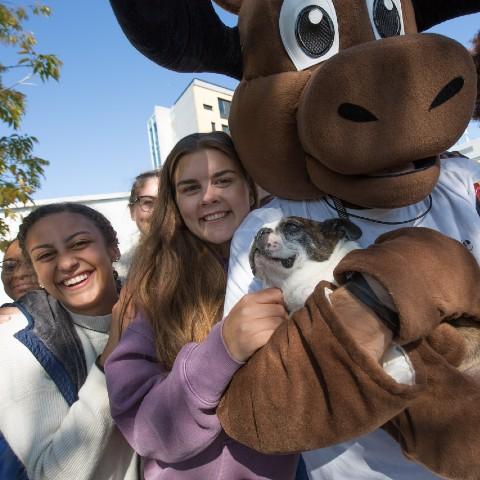 Students taking a selfie with Gzowski College's mascot BAMM the moose.