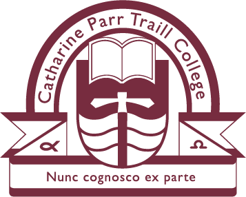A maroon version of the Traill College logo