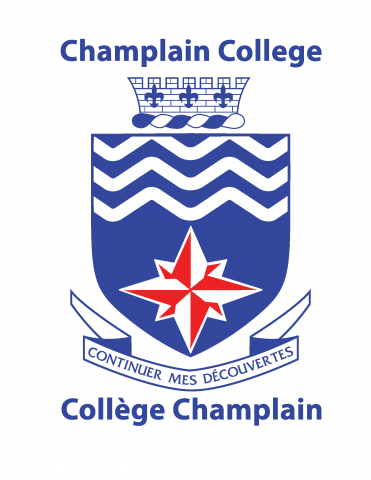 Champlain College's logo, with the motto "continuer mes descouvertes."