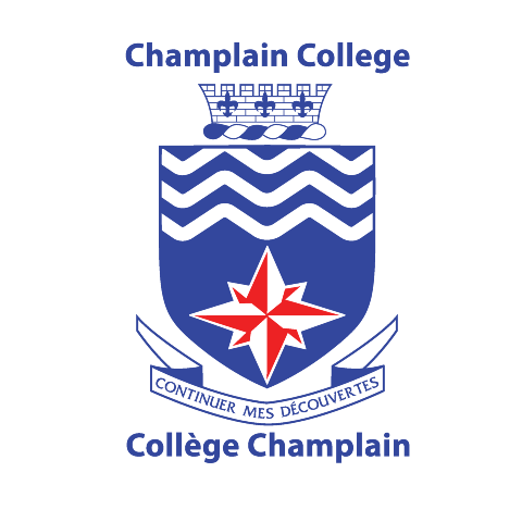 Champlain College's logo with the motto coutinuer mes decouvertes