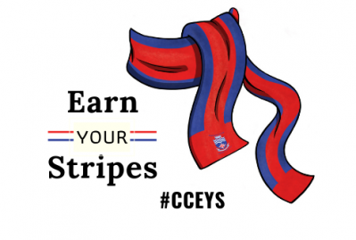 Photo of a Champlain Red and Blue striped scarf and the saying "Earn your Stripes" #CCEYS