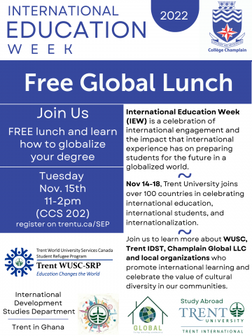 Poster for Free Global Lunch - Join Us for a free lunch and learn how to globalize your degree CLLC Tuesday Nov 15th 