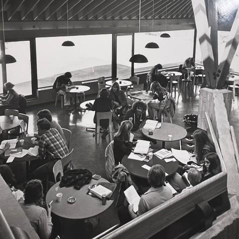 A black and white photo of Otonabee College's K-House lounge from the 1970s.