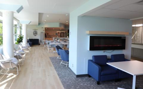 The Otonabee College Commons space, with couches, chairs, and tables 