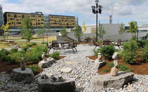The Otonabee College Patio, with rock sculptures and seating for students