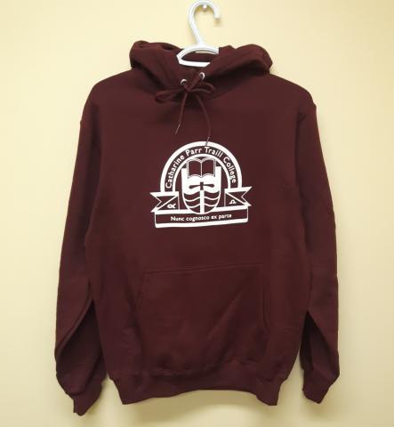 A maroon hoodie-style sweatshirt with a white Traill College logo