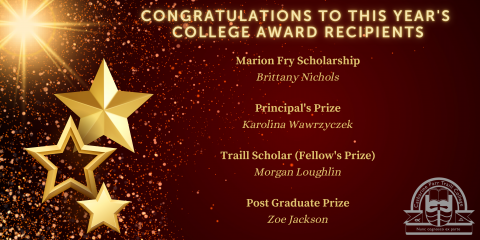 A maroon graphic with gold stars and confetti along the left side. A white Traill College logo appears in the bottom right corner. Gold text reads: Congratulations to this year's college award recipients. Marion Fry Scholarship: Brittany Nichols. Principal's Prize: Karolina Wawrzyczek. Traill Scholar (Fellow's Prize): Morgan Loughlin. Post Graduate Prize: Zoe Jackson.