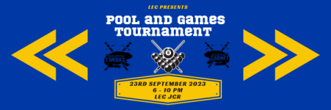 Poster with blue background which reads: "LEC presents Pool and games tournament ; 23rd September 2023 6-10PM LEC JCR: Join us for an enjoyable evening at the LEC Junior Common Room! It's a fantastic opportunity to engage in a lively pool and games tournament, and have a blast. We look forward to sharing this fun-filled event with you! " with two white toads and an image of black pool balls and sticks along with some yellow fun arrows around it.