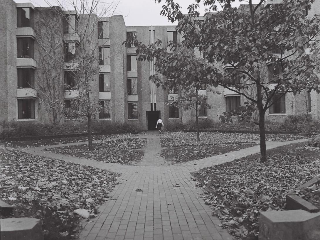 A black and white photo of the Champlain College courtyard from the 1960s.