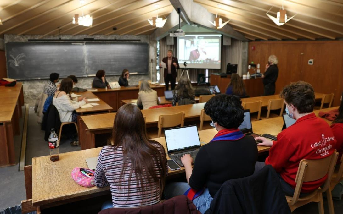 Students listening to a lecture in a classroom at Champlain College