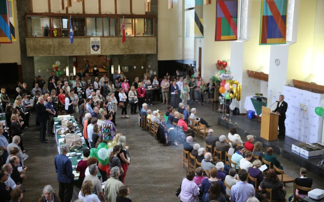 A large anniversary celebration taking place in the Champlain College Great Hall
