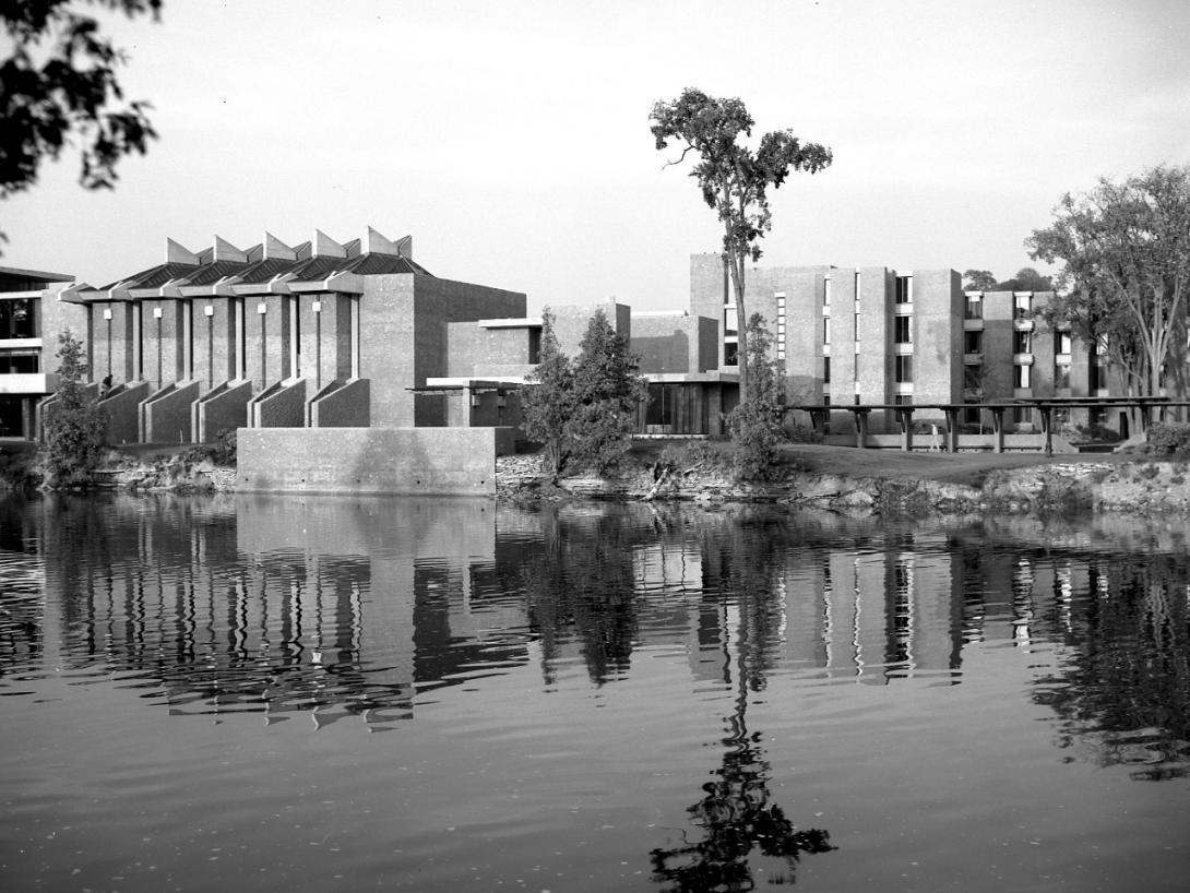 A black and white photo of Champlain College from the 1960s.