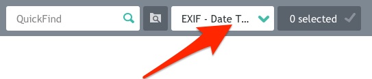 Main menu with a red arrow pointing to the EXIF Date Taken field