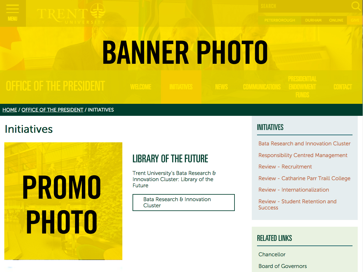 Screengrab of a Trent University webpage highlighting the image zones for the banner and the promo zones