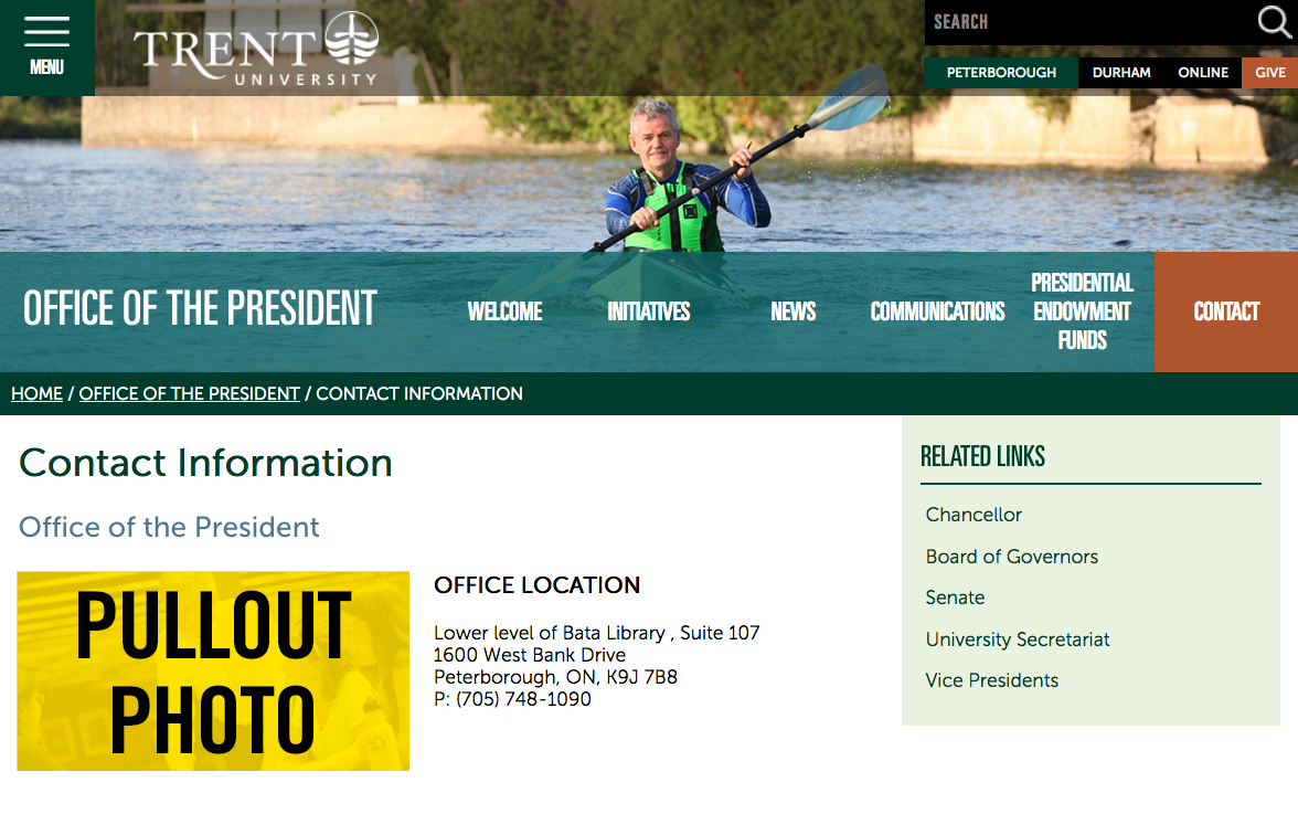 Screengrab of a Trent University webpage higlighting the pullout photography zone
