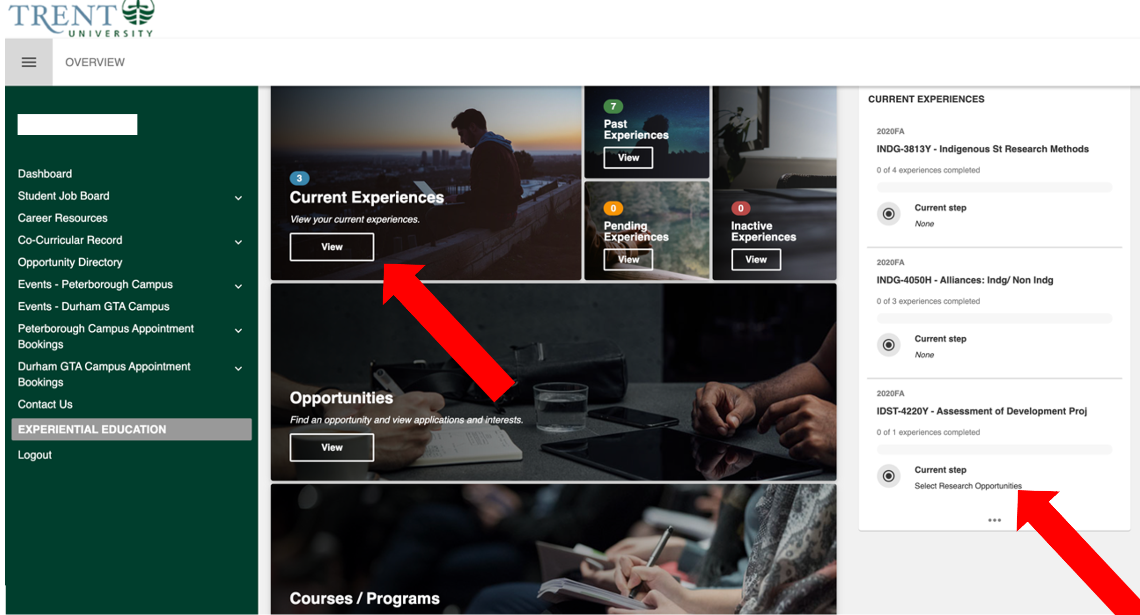 Screenshot of the student's experiential education dashboard with red arrows pointing to "Current Experiences" and an example of a CBR course on the right side of the screen. 