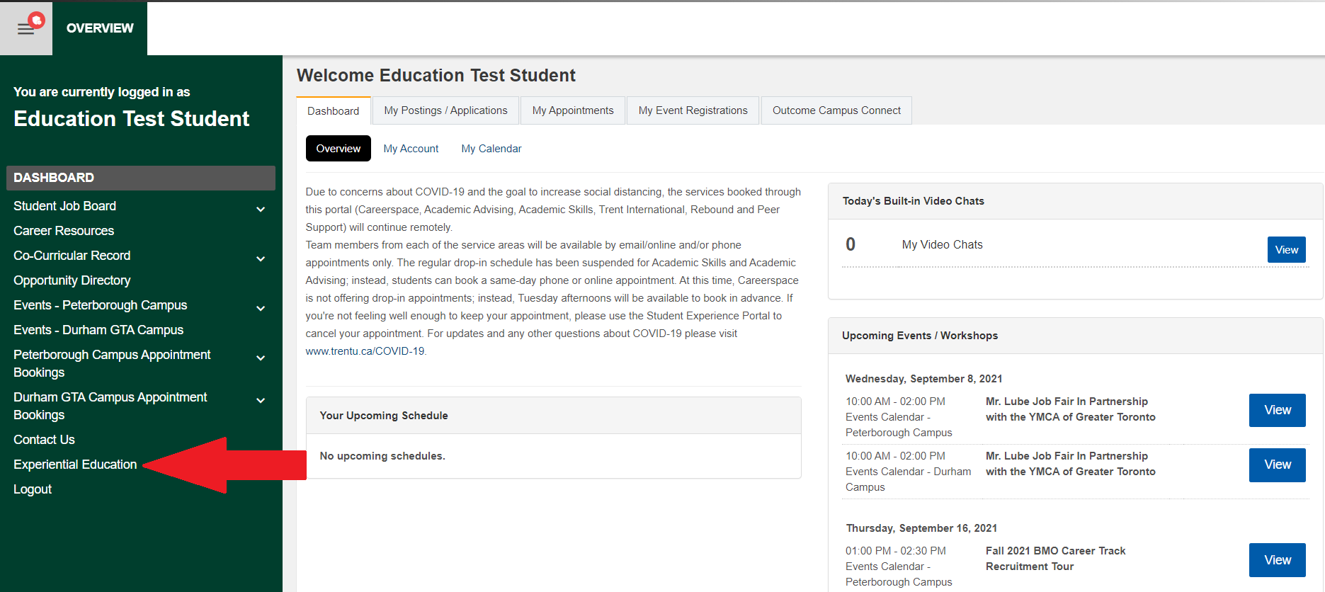 Screenshot of the student dashboard in the student experience portal with a red arrow pointing to "Experiential Education" on the navigation panel to the left of the screen.
