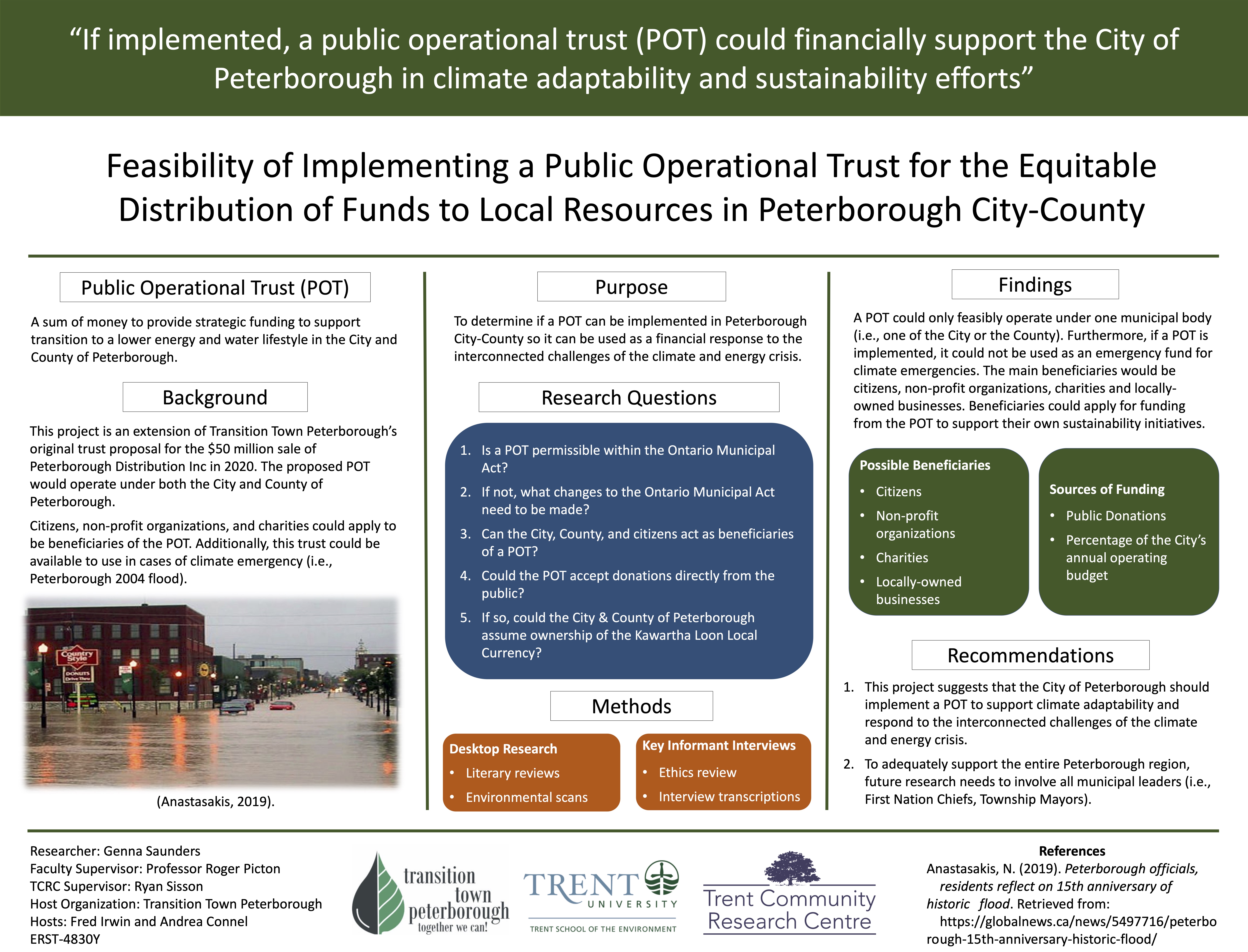 Research poster for Feasibility of Implementing a Public Operational Trust for the Equitable Distribution of Funds to Local Resources in Peterborough City-County