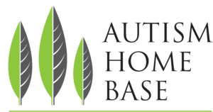 "three leaves on the left of the logo (left half of leaves is solid green, the right half is gray with white lines to mimic the lines in real leaves), on the right side of the logo the words Autism Home Base are written in capital letters"