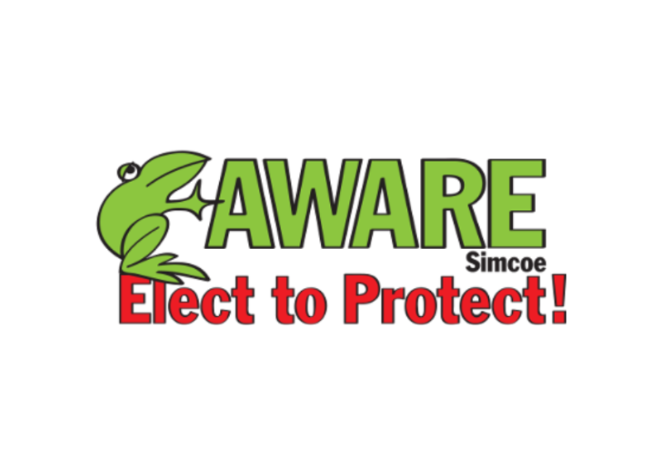 Green text that reads "AWARE". in small black lettering below it reads "Simcoe". On the left of these two words is a cartoon frog. all this is above red lettering that reads "elect to protect"