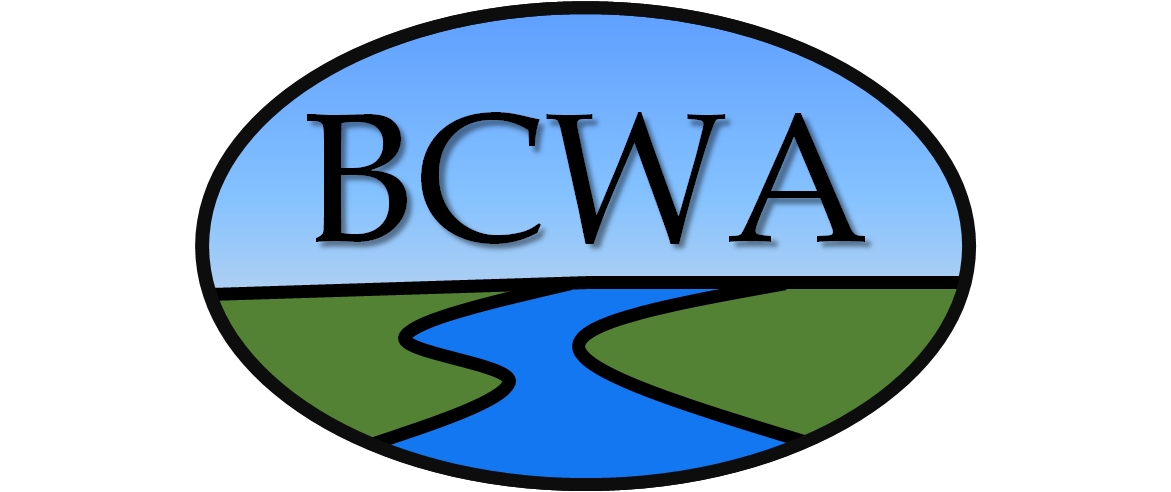 "Oval logo, with a black border. the oval is split in half with a light blue top to indicate sky and the bottom half is green with a darker blue curve running through it to suggest a river. Black capital lettering over the "sky" reads BCWA."