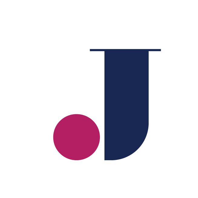 An uppercase J, divided into the straight section and the curve. the straight section is purple, and the curve has been replaced with a pink circle