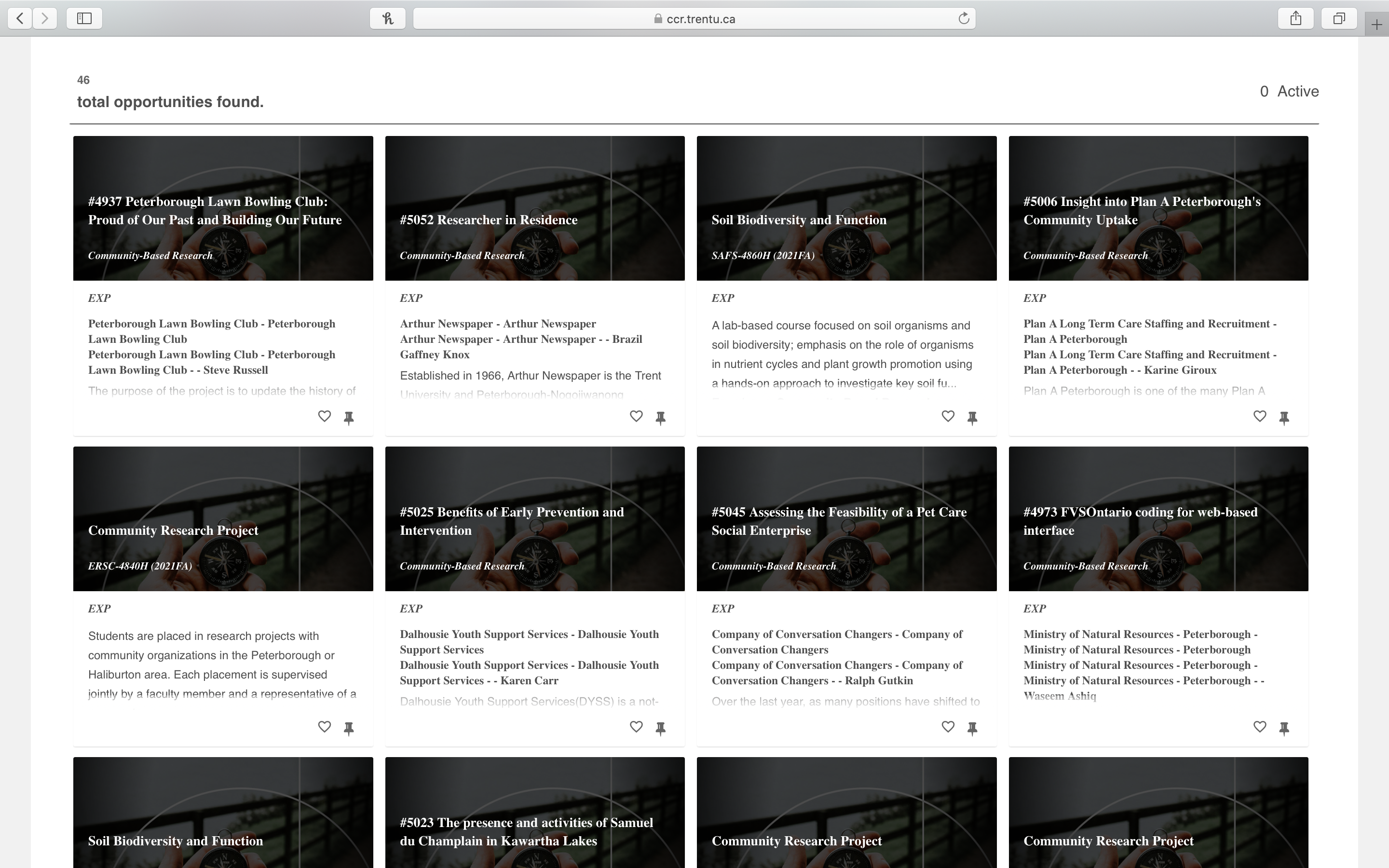 Screenshot of 3 rows of available Community-Based Research opportunities and courses.