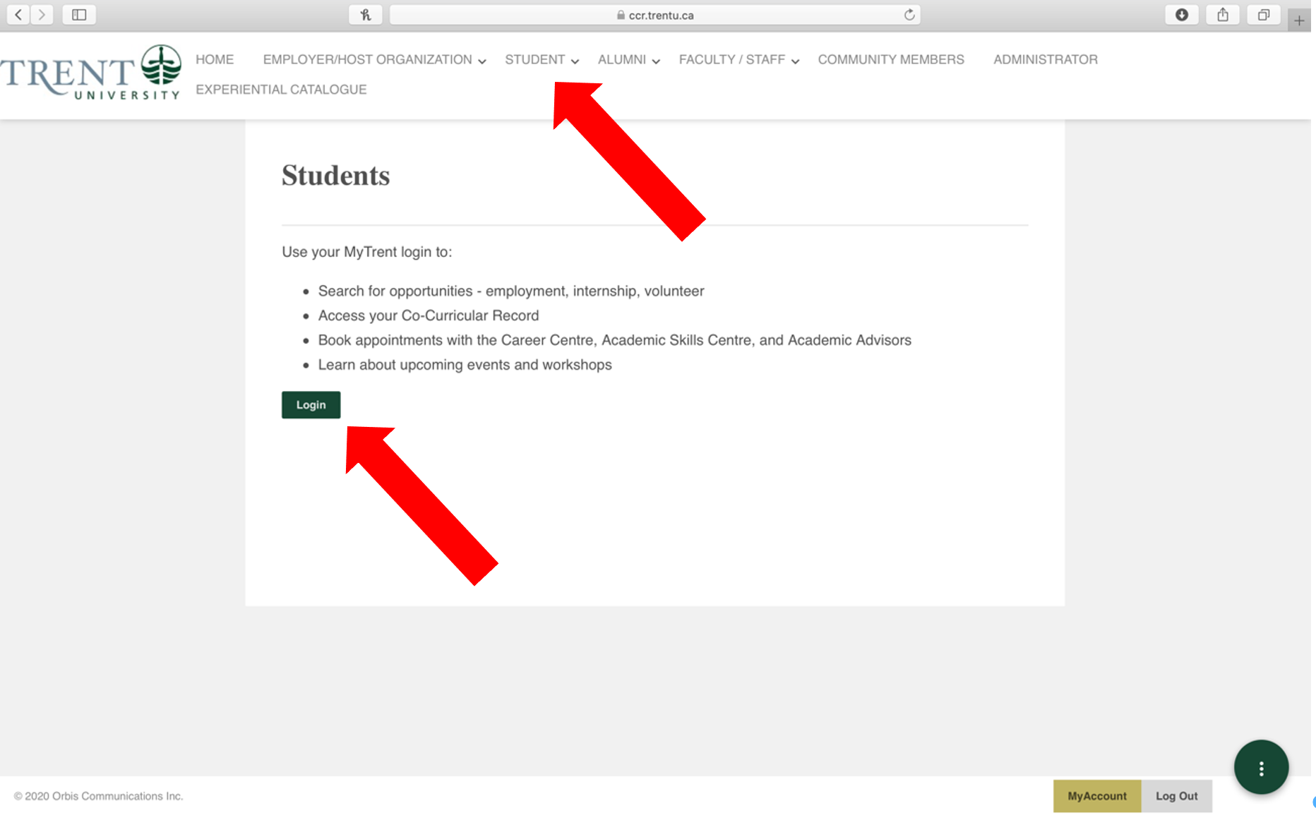 Screenshot of the Student login screen of the Student Experience Portal. One red arrow points to the Student heading in navigation and a second arrow points to "login".