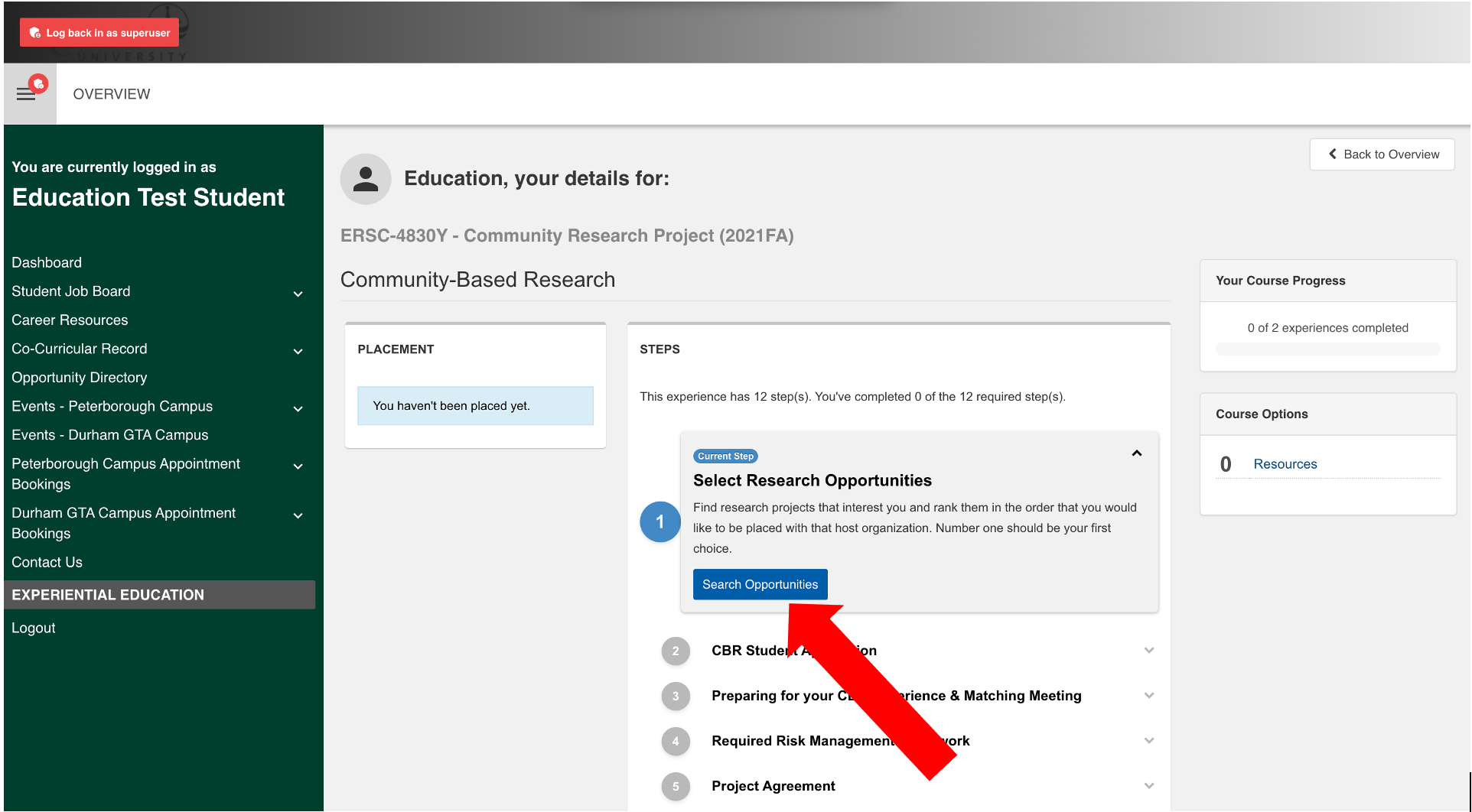 Screenshot of the CBR course from student view. The student is on Step 1: Select Research Opportunities. There is a red arrow pointing to "Search Opportunities".