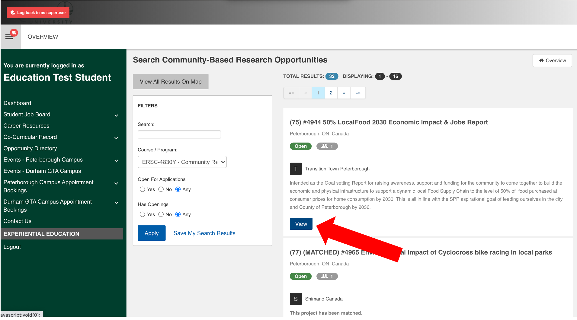 Screenshot of the "Search Community-Based Research Opportunities" with a red arrow pointing towards "View" on an opportunity. 