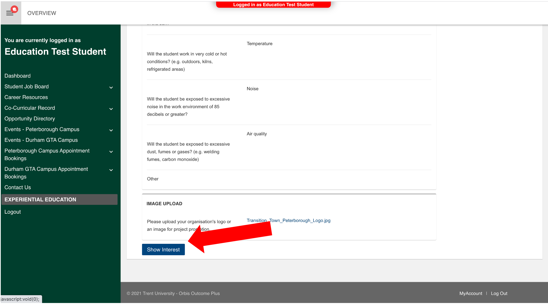 Screenshot of an example of an expanded opportunity with a red arrow pointing to "Show Interest". 