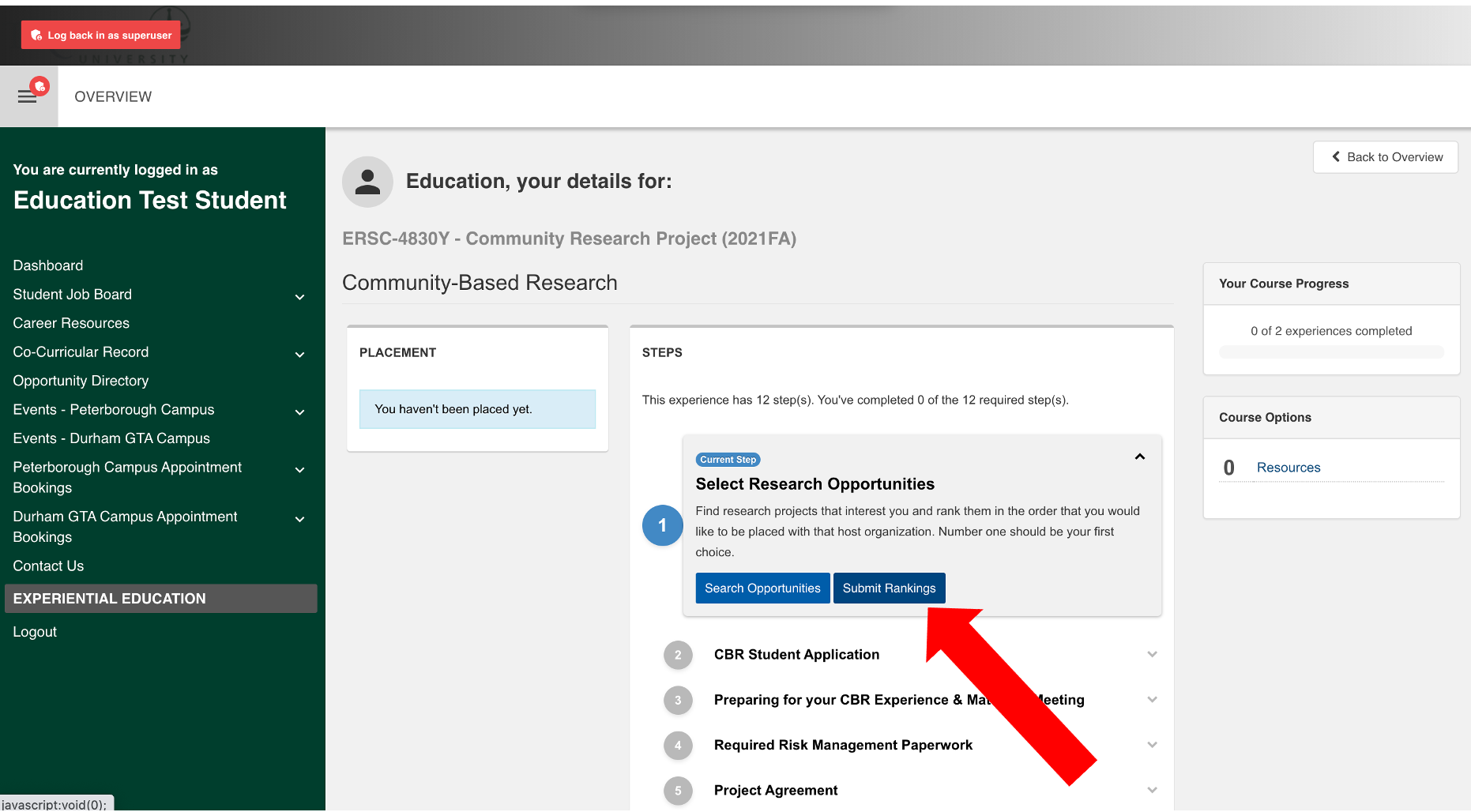 Screenshot of the CBR course from student view. The student is on Step 1: Select Research Opportunities. There is a red arrow pointing to "Search Opportunities".