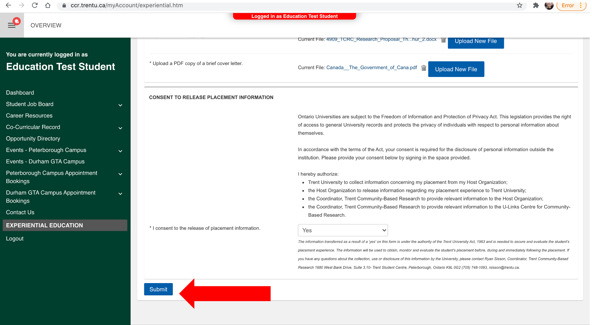 Screenshot of the end of the CBR Student Application with an arrow pointing to "Submit". 