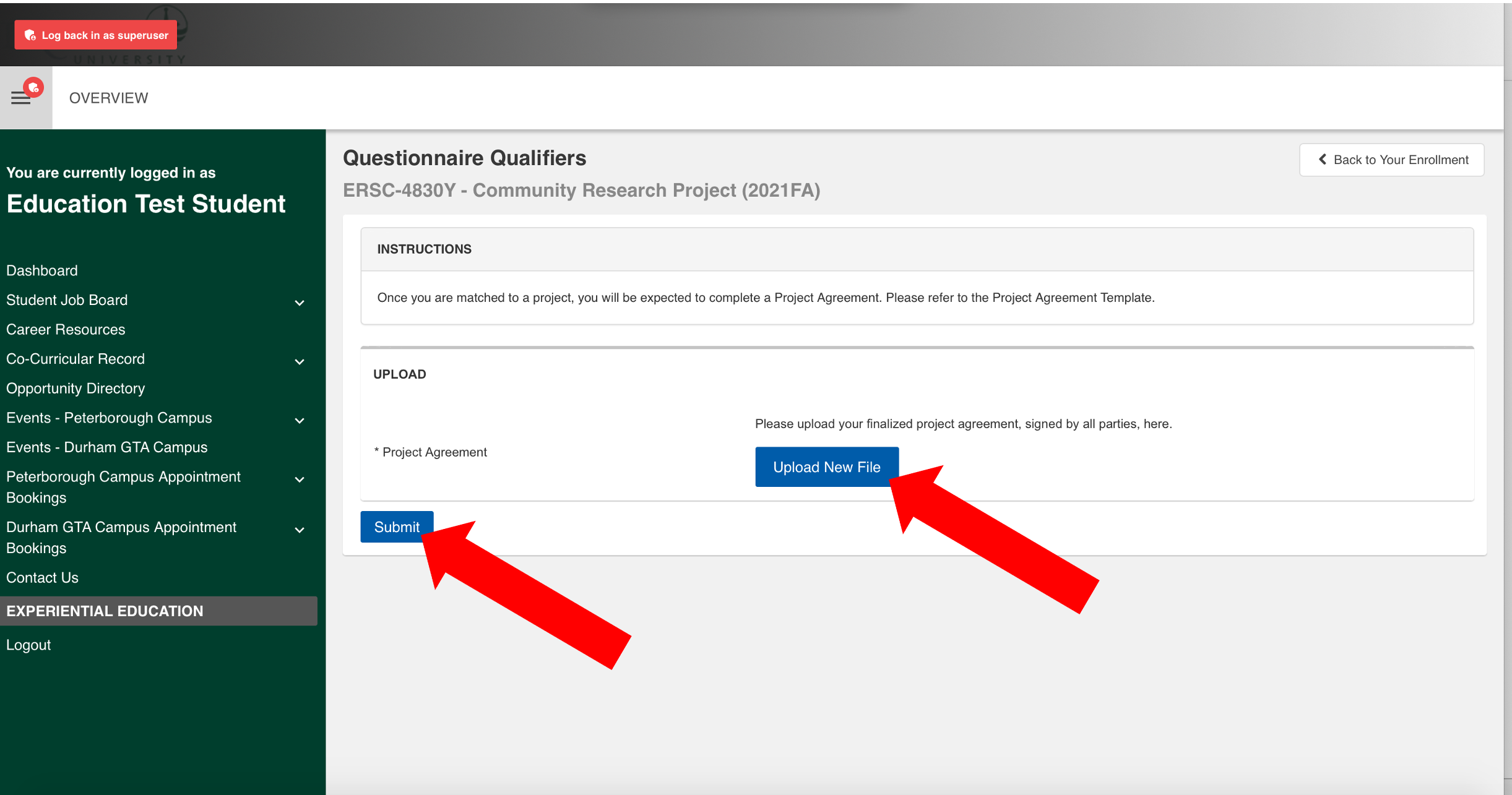 Screenshot of the project agreement submission with a red arrow pointing towards "Upload New File" and another red arrow pointing at "Submit". 