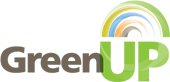 On the bottom grey text reads "Green" while green text reads "UP". "UP" is below a series of arches that form a rainbow of sorts, with the colours green, blue, orange and brown.